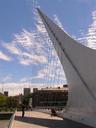 Modern bridge crossing one of the diques along Puerto Madero. Named the Puente del Mujeres it kind of resembles Barts Bridge in Winnipeg, Canada.